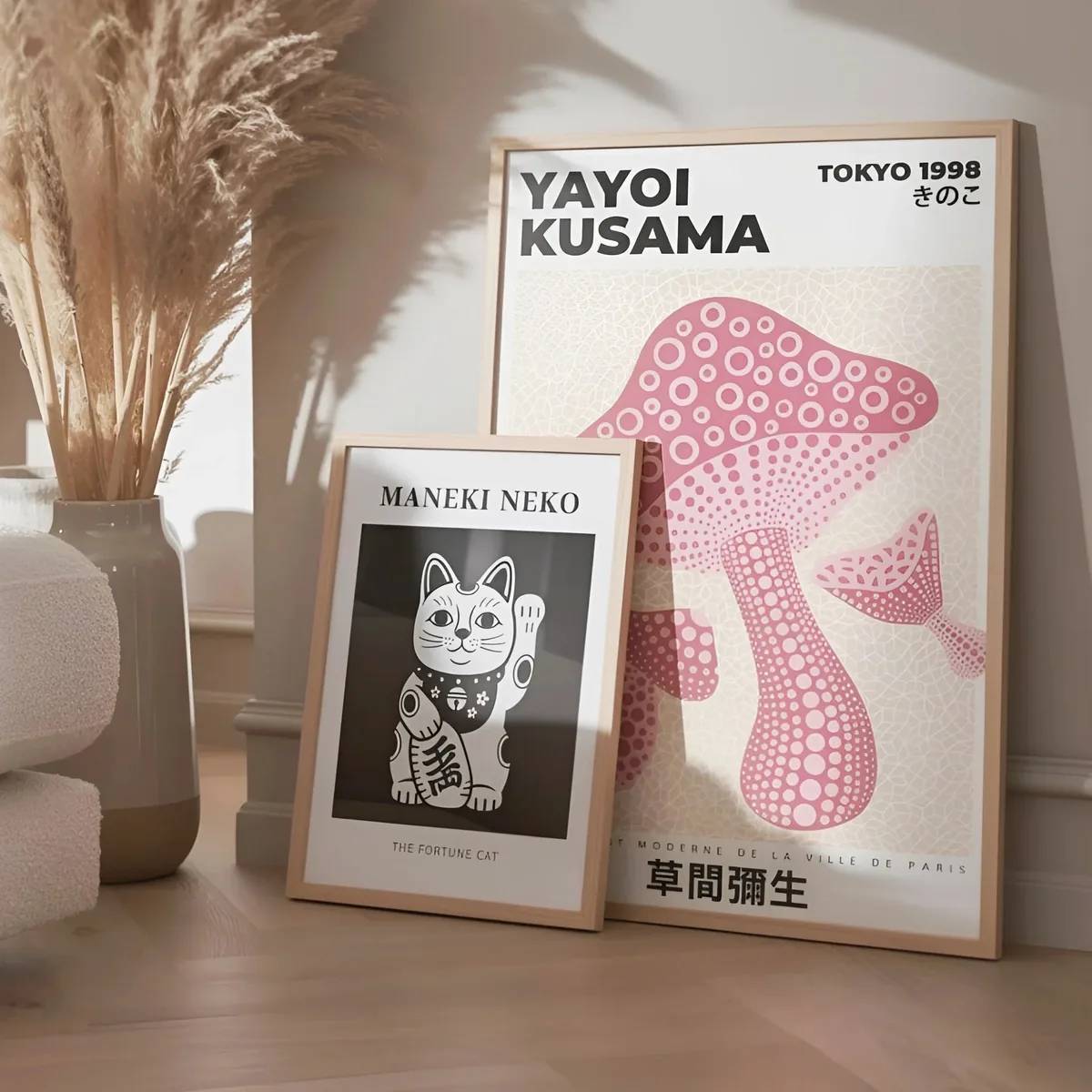 Yayoi Kusama Maneki Neko poster framed in a styled corner