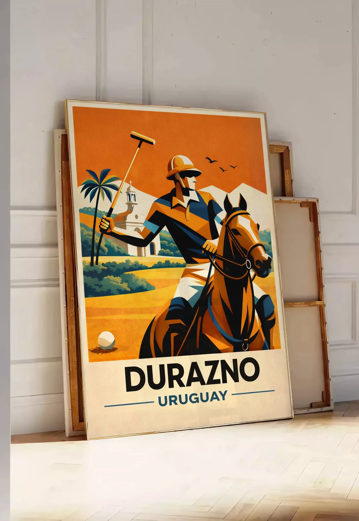 Oprawiony plakat vintage polo Durazno Uruguay w jasnym wnętrzu