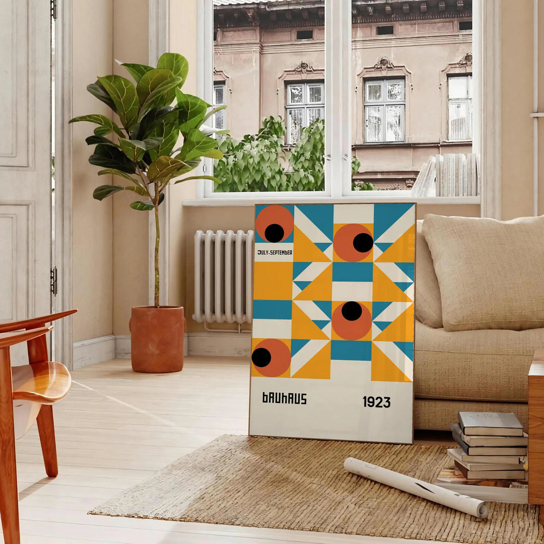 Exploration du Bauhaus : Fusion des Couleurs Primaires et Design Industriel dans une Affiche Rétro Art Déco pour un Loft Urbain Moderne