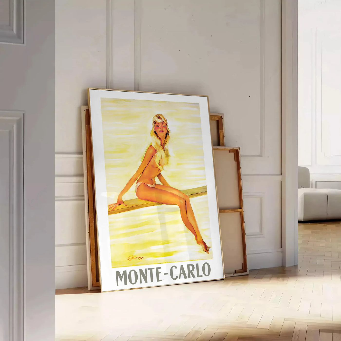 blond girl vintage travel poster affiche femme blonde monte carlo voyage salon living room