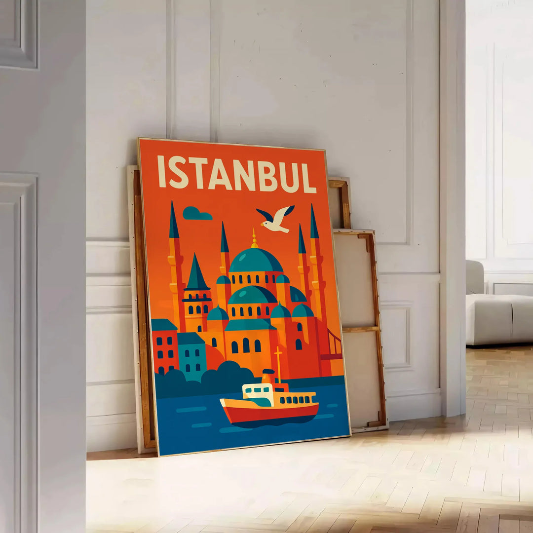 Istanbul cityscape poster in green and orange, stylized vintage travel illustration