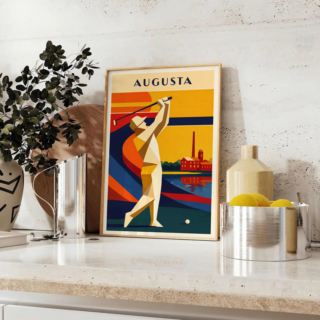 Illustration vintage du Augusta National Golf Club avec des collines vertes et un ciel bleu