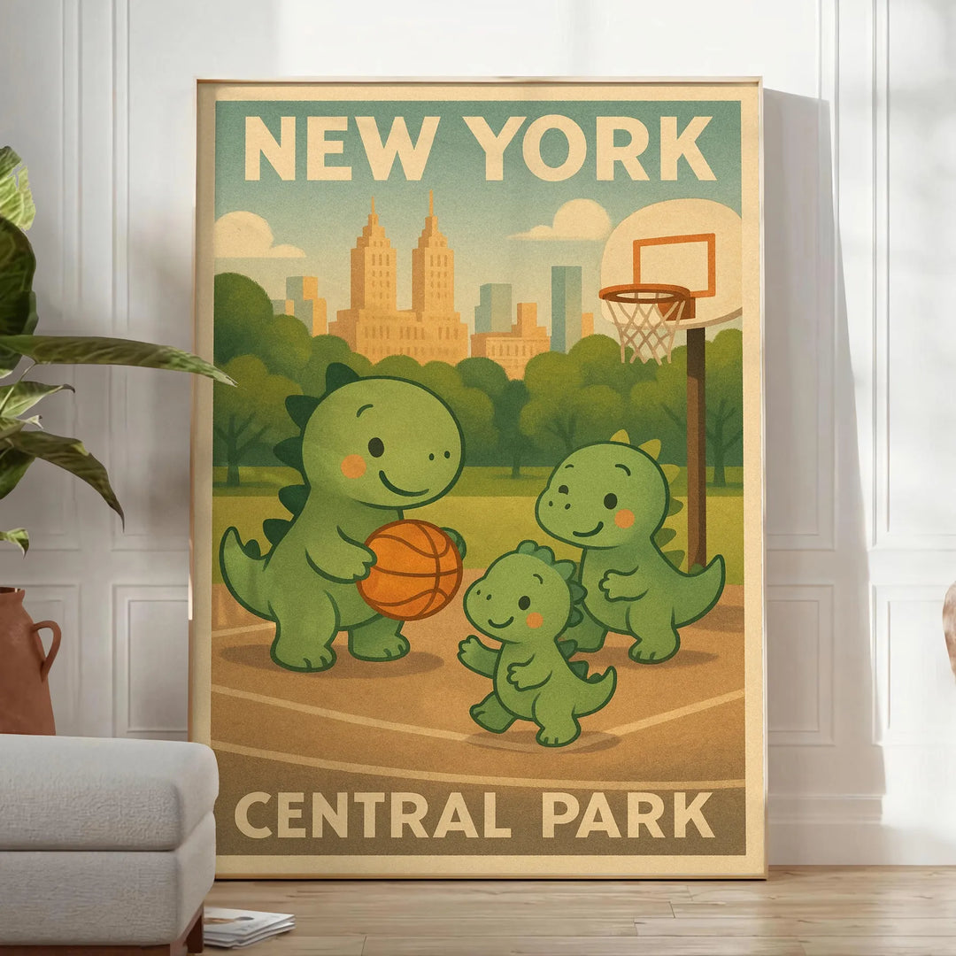 splash fun space  basketball vintage poster playful dinosaurs New York Central Park kids rooms unique gift art deco print measures Buy today games unframed options available