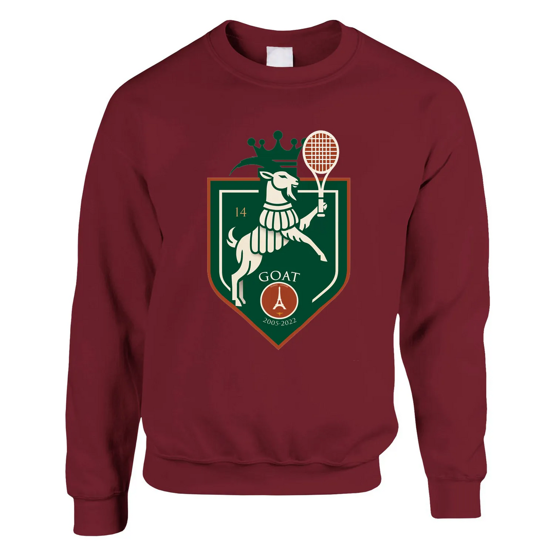 Sweater Tennis GOAT Rafa Paris, feito de 50% algodão e 50% poliéster, com toque suave e resistência ao desgaste. Design uniss