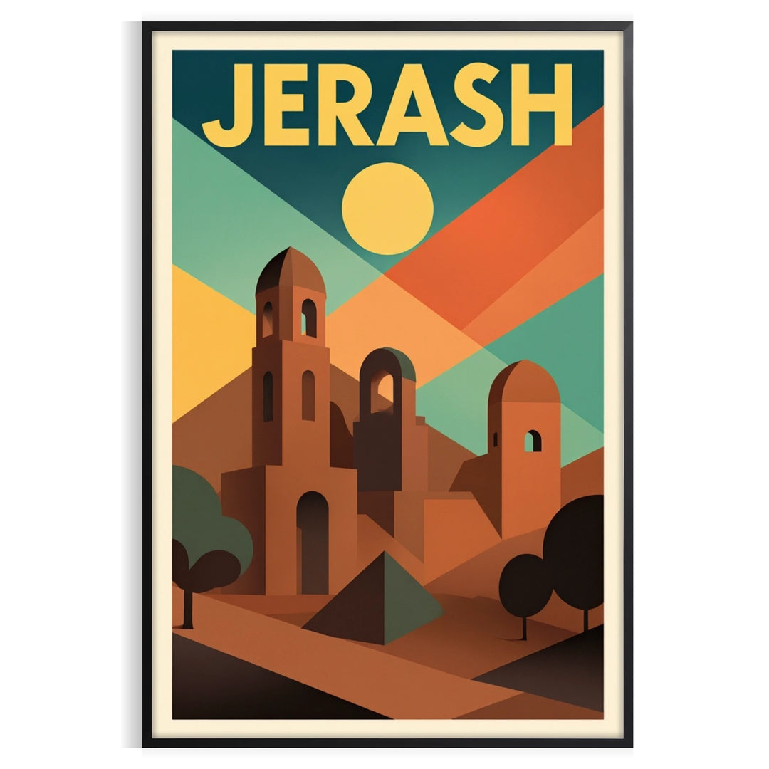 Poster vintage di viaggio Jerash, Giordania, con tonalità grigie e arancioni, perfetto per decorare qualsiasi ambiente. Misur