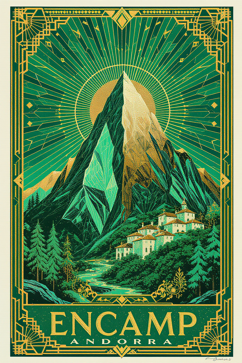 Art Deco poster of Encamp, Andorra, vibrant design
