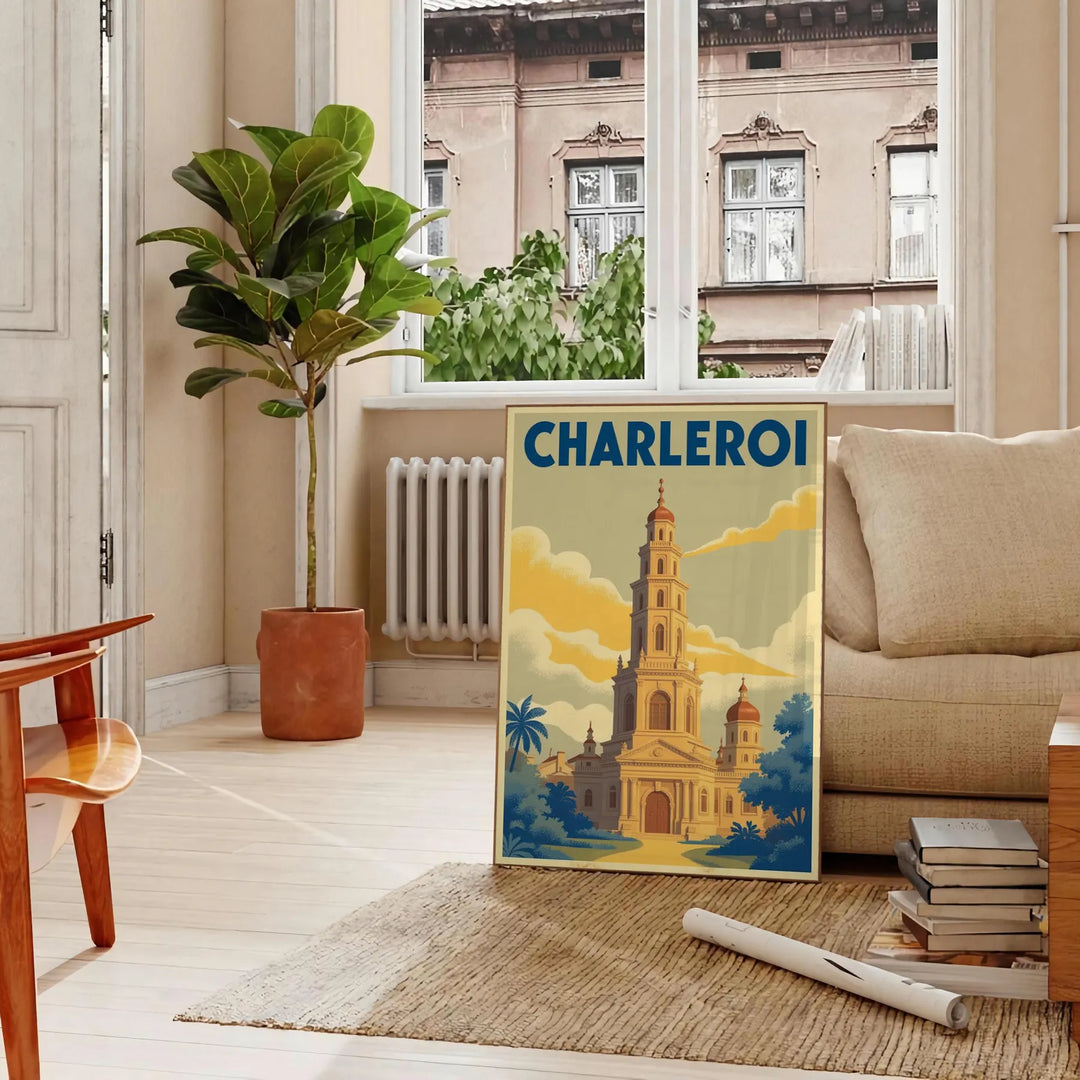Affiche Charleroi Art Déco montrant scène urbaine vintage vert et bleu