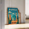 Green and blue stylized Bursa, Turkey travel poster with architectural skyline illustration