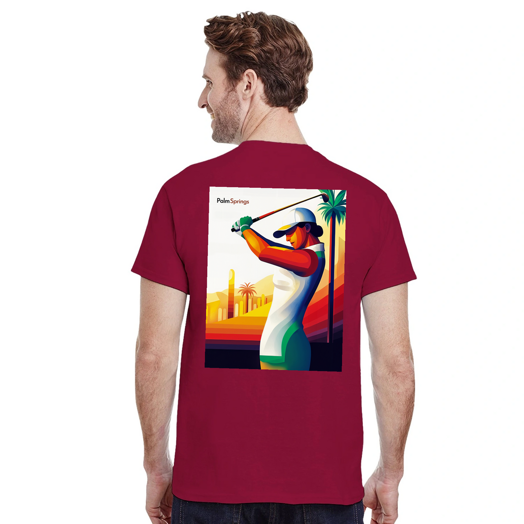 ゴルフパームスプリングスTシャツは、快適さとスタイルを兼ね備えたデザインです。パームスプリングスの陽気な雰囲気を楽しむゴルフ愛好者に最適です。
