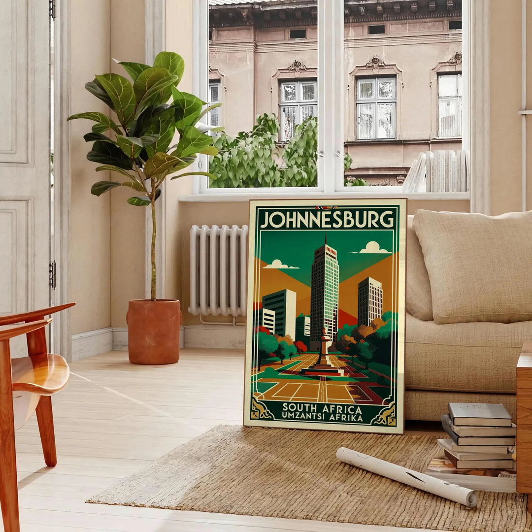 charm Johannesburg vintage travel poster stunning Art Deco designs sophisticated gray brown hues decor essence South Africa vibrant history space unframed options perfect look