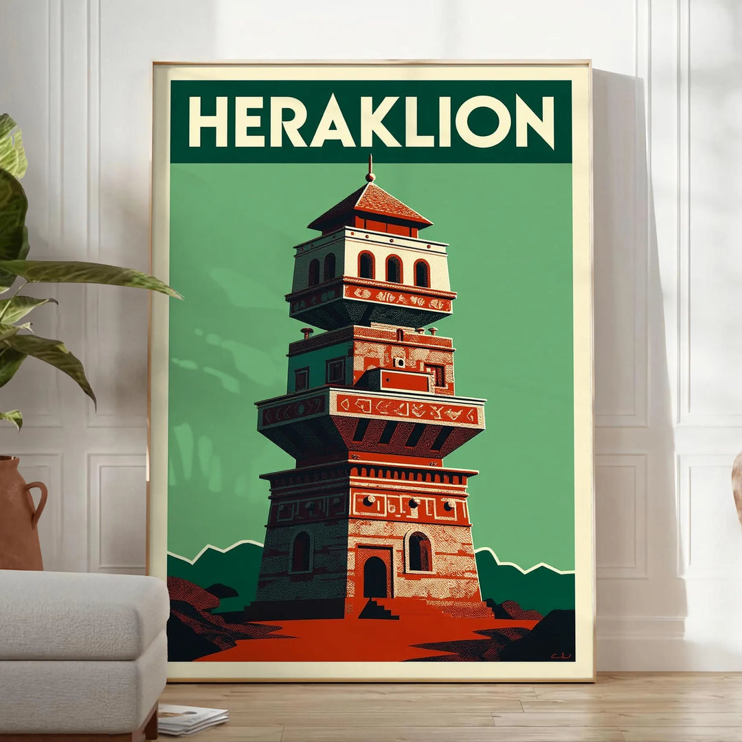 Poster vintage Art Déco Heraklion, Grecia in tonalità grigio e nero