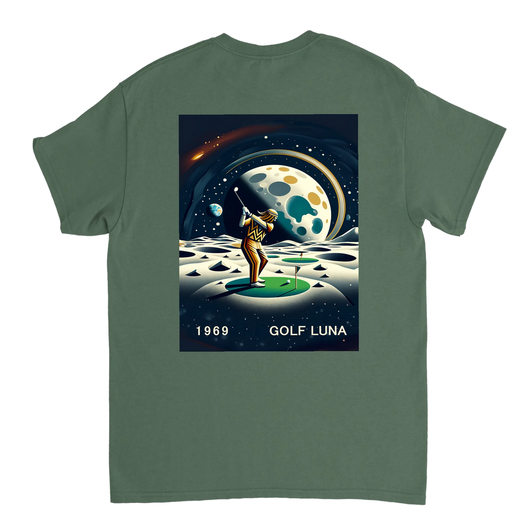 Koszulka Golf Moon z unikalnym wzorem, idealna na pole golfowe i codzienne wyjścia. Wygodna i trwała, dostępna w rozmiarach S