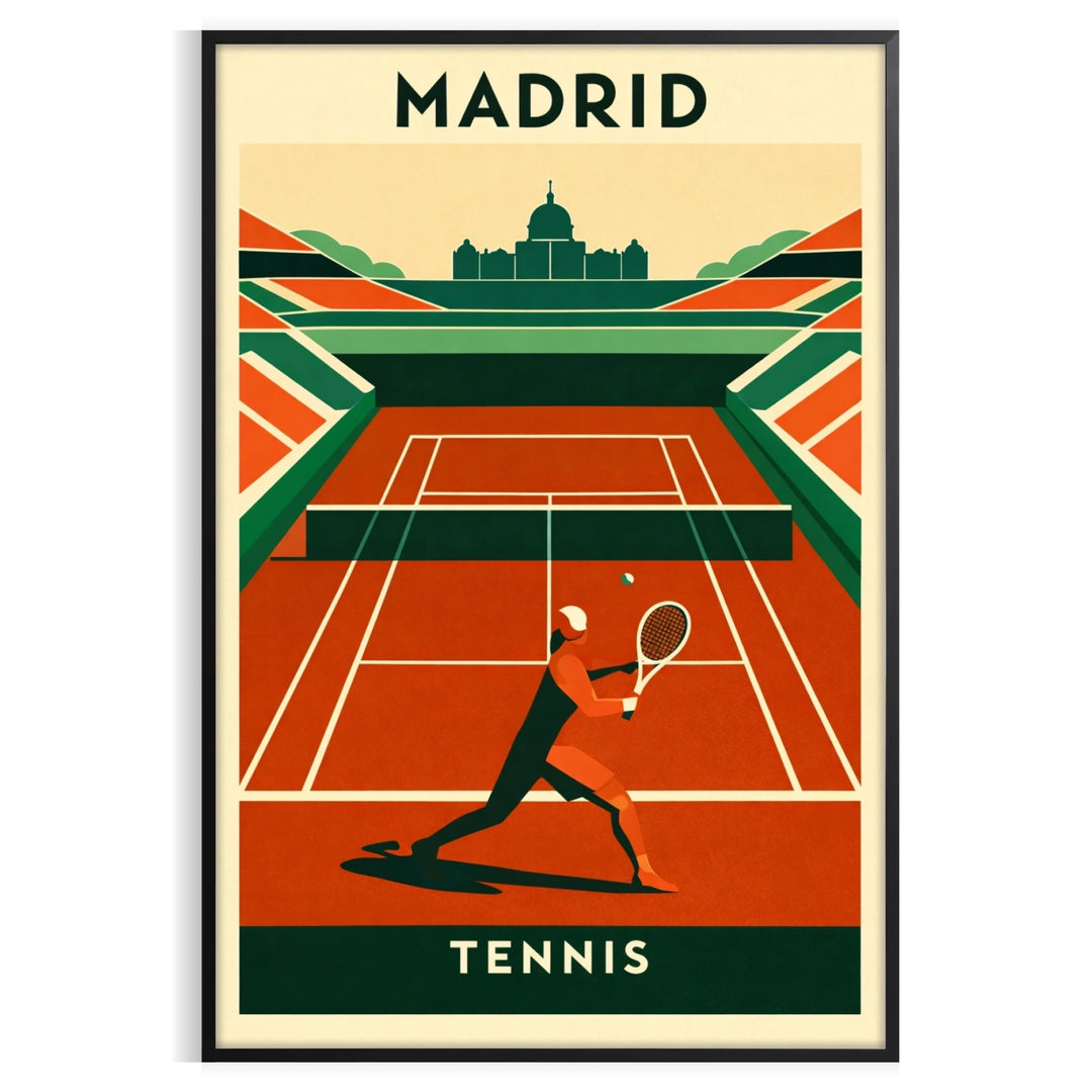 Affiche captivante tennis Madrid couleurs vibrantes orange vert passionnés pièce unique intérieur dimensions 50x70 cm A4 A0