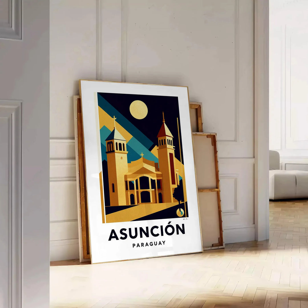 Blue and black Art Déco Asunción Paraguay poster with vintage city silhouette