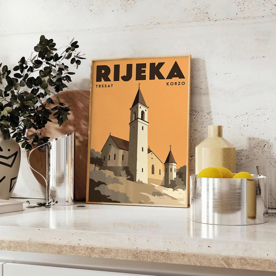 Manifesto Art Déco di Rijeka, Croazia, scena cittadina marrone e verde