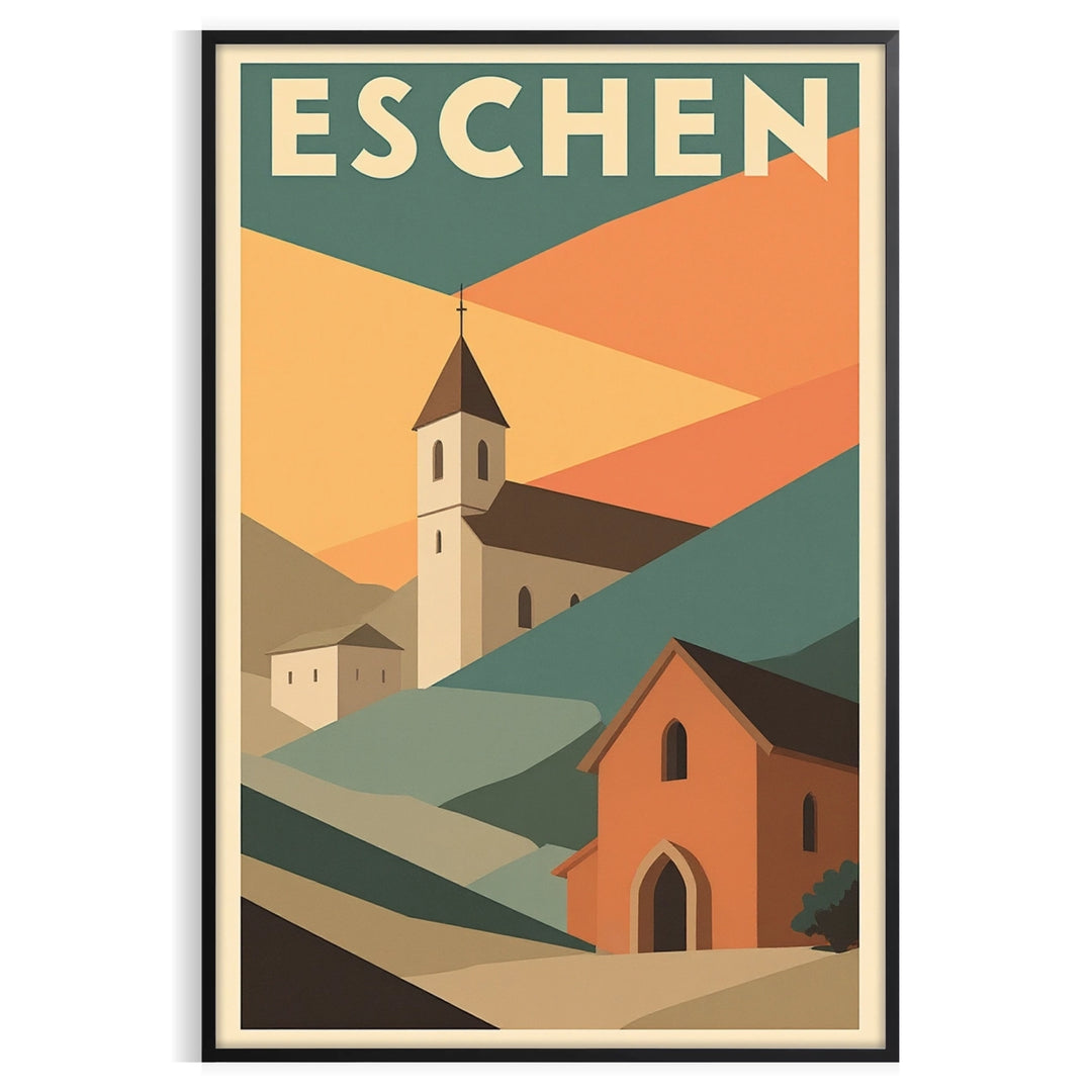 Art Deco poster featuring Eschen, Liechtenstein, in gray and orange tones