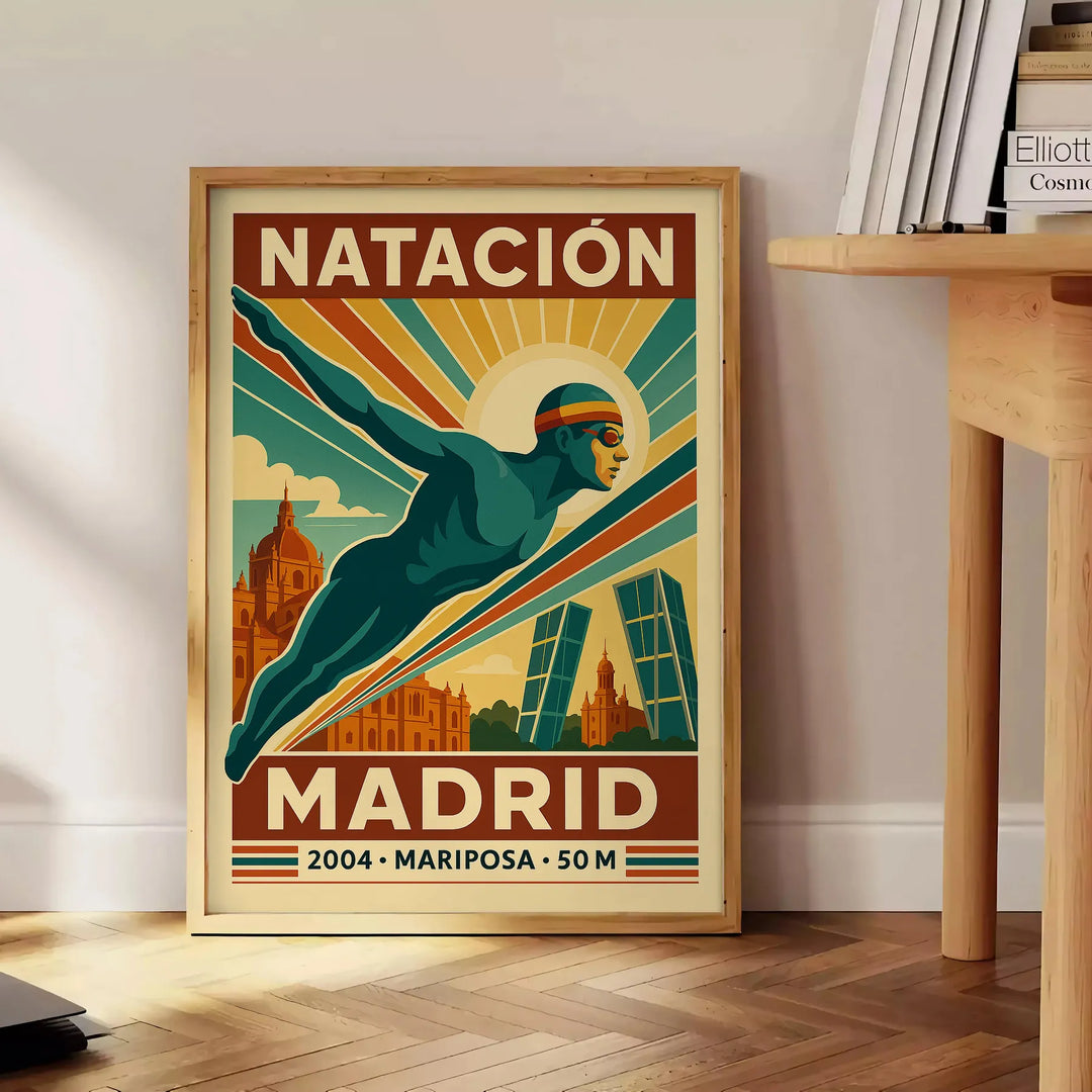 Peldēšanas Madrides plakāts ar bagātīgām brūnām un sarkanām krāsām, pieejams 50x70 cm vai 30x40 cm izmēros, rāmis vai bez rām