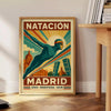 Peldēšanas Madrides plakāts ar bagātīgām brūnām un sarkanām krāsām, pieejams 50x70 cm vai 30x40 cm izmēros, rāmis vai bez rām