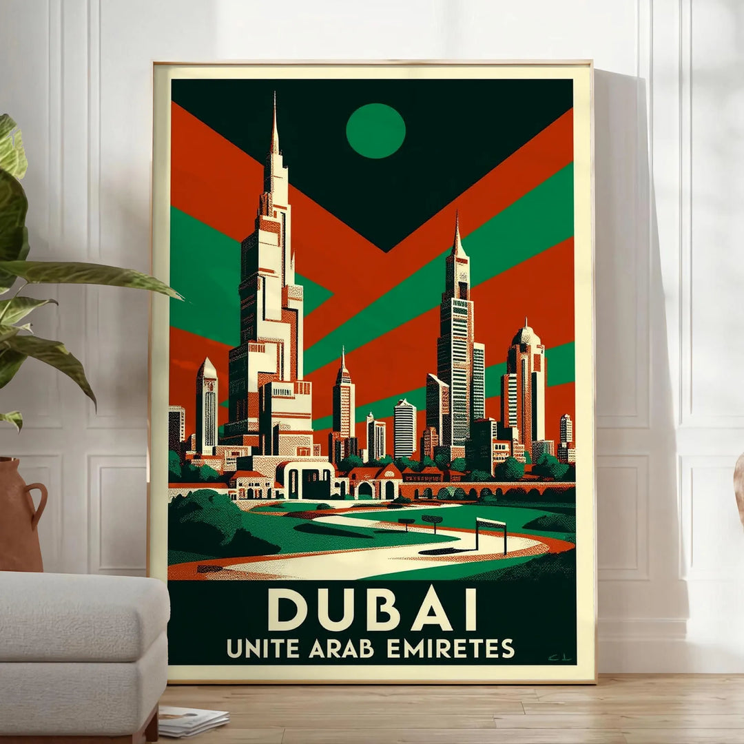 Dubaijas vintage ceļojumu Art Deco plakāts, eleganti zaļā un pelēkā krāsā, 50x70 vai 30x40 izmērā, ideāli piemērots telpu dek