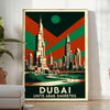 Dubaijas vintage ceļojumu Art Deco plakāts, eleganti zaļā un pelēkā krāsā, 50x70 vai 30x40 izmērā, ideāli piemērots telpu dek