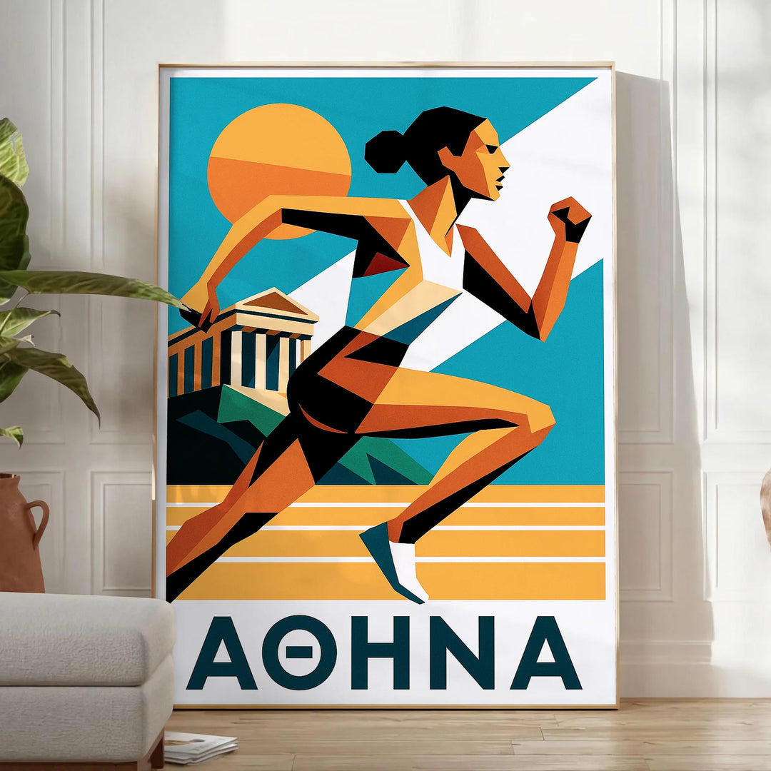 Athletics Athena poster med livfulla gröna och orange nyanser, perfekt för sportentusiaster och inspirationssökande. Finns i