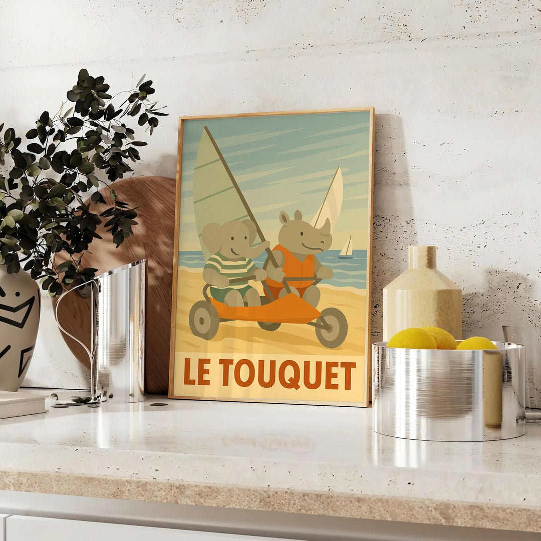 whimsical charm kid elephant rhinoceros poster sandy fun Le Touquet sand yachting gray green tones eye design perfect child room joy walls