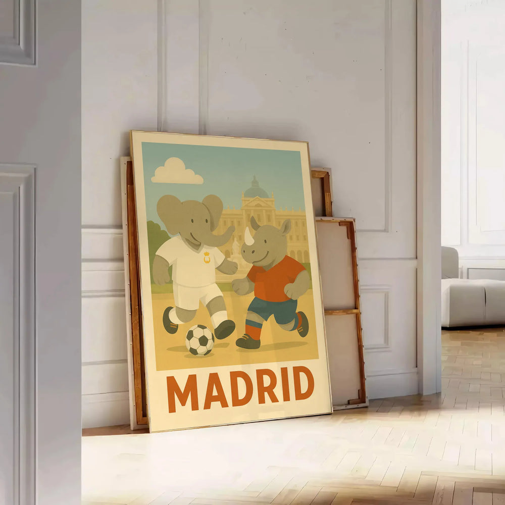 charming poster playful kid elephant rhino football vibrant spirit Madrid eye piece cm shades gray green room today avid fans animal lovers unframed options