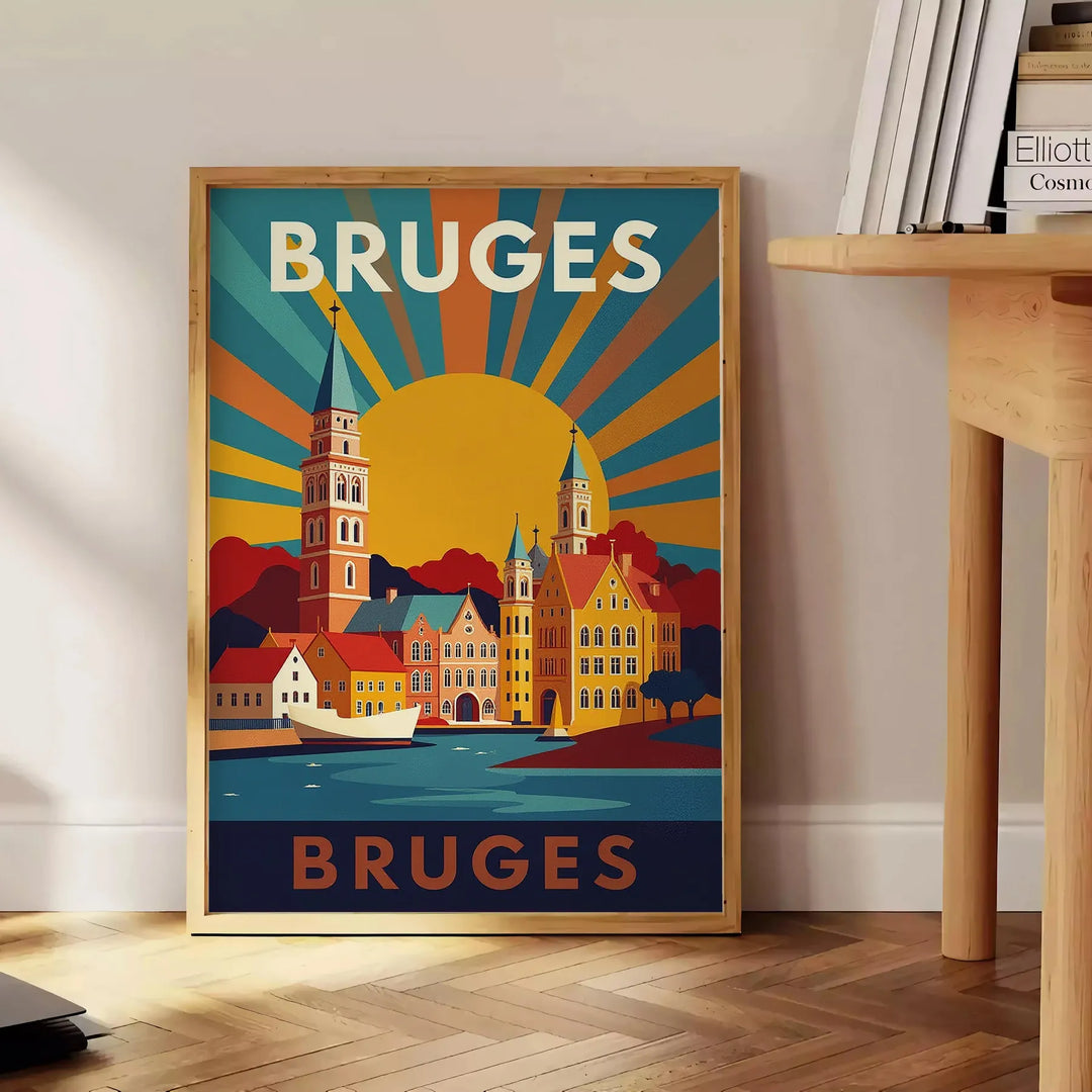 Poster vintage Art Déco di Bruges con veduta cittadina gialla e verde