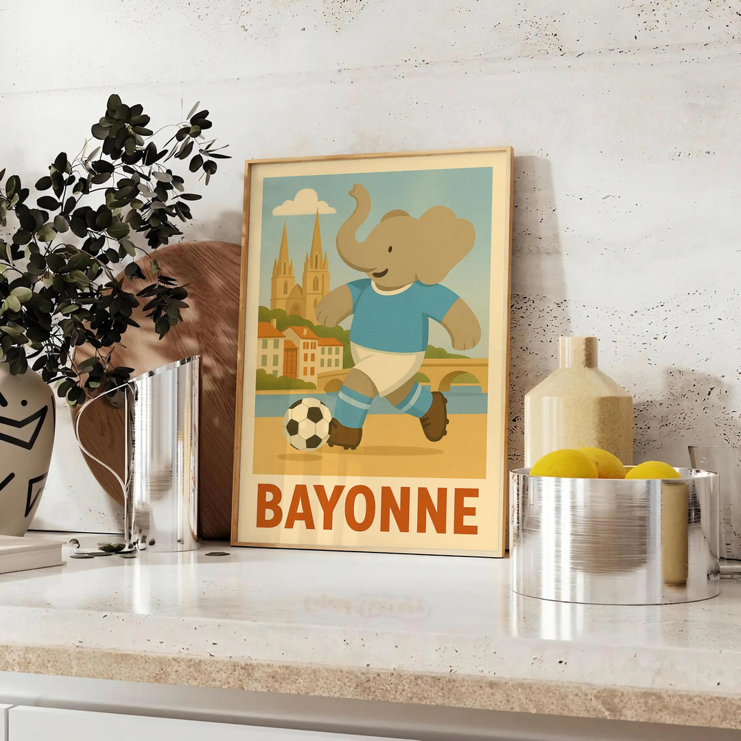 delightful Kid Elephant Bayonne Football poster vibrant gray green hues young sports enthusiasts eye art piece available dimensions touch fun room unframed formats