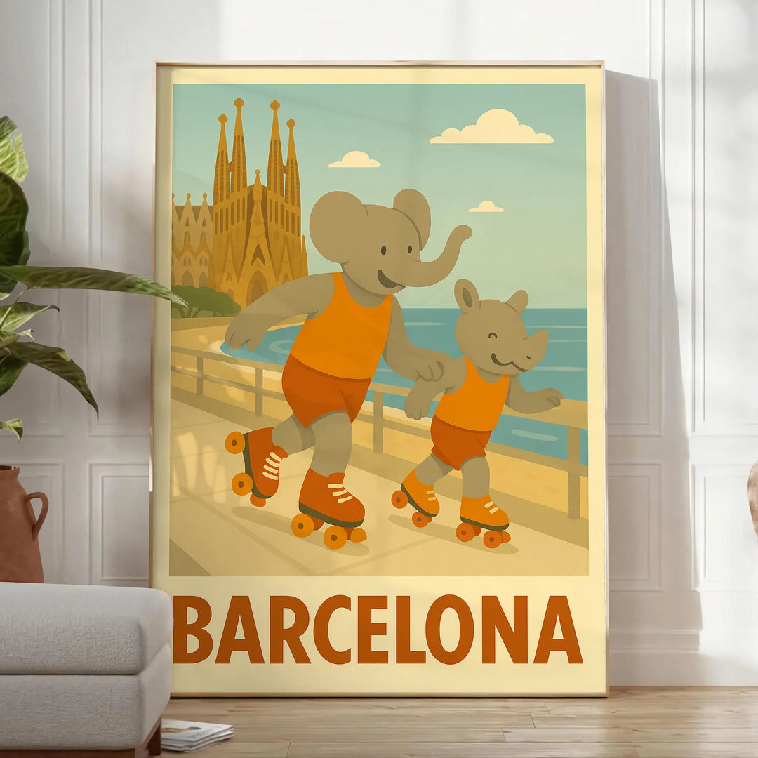 子供部屋を明るくする、遊び心満載の象とサイがローラーを楽しむポスター。鮮やかな緑とオレンジの色合いで、50x70または30x40のサイズから選べます。