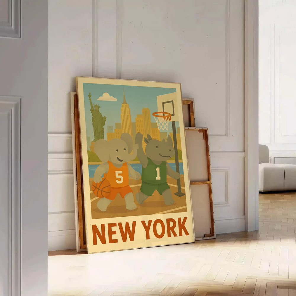 captivating Vintage Basketball Poster playful kid elephant rhinoceros New York scene stunning art deco masterpiece vibrant energy space gift chic wall decor