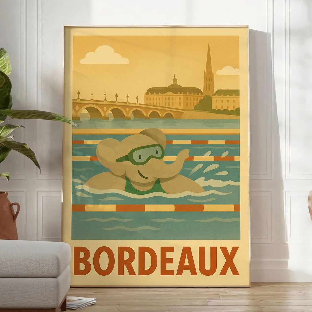 Bordeaux bērnu peldējoša ziloņa plakāts ar pelēkiem un zaļiem toņiem, ideāli piemērots bērnistabām un spēļu istabām. Pieejams