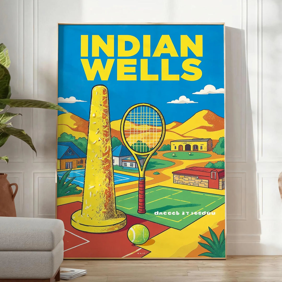 Póster de Indian Wells Tennis con un diseño vibrante en verde y gris. Disponible en tamaños de 50x70 o 30x40, ideal para aman