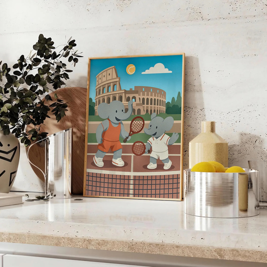Πόστερ με ελέφαντα που παίζει τένις, ιδανικό για το παιδικό δωμάτιο, διαθέσιμο σε μεγέθη 50x70 ή 30x40