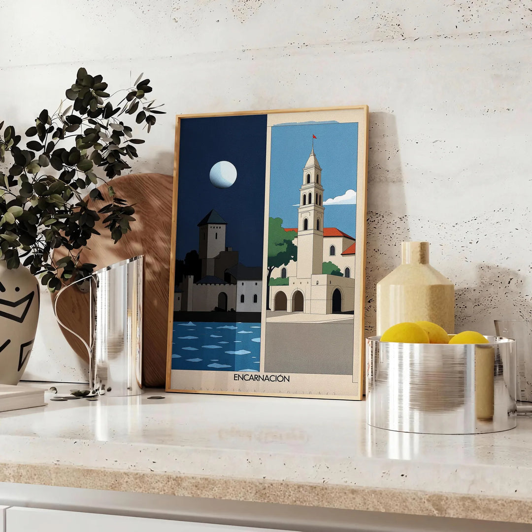 stunning Encarnación Paraguay Art Déco vintage poster vibrant orange green hues space eye design classic elegance decor available A4 cm A0