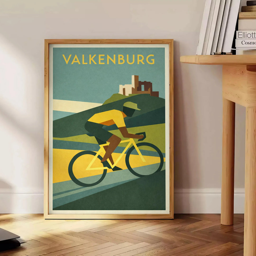 Póster de ciclismo Valkenburg, Países Baixos, em laranja e verde vibrante, ideal para amantes do ciclismo. Disponível em vári
