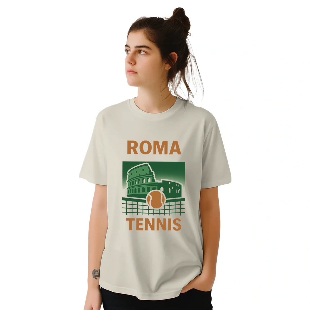 テニス愛好家に最適なローマテニスTシャツ。鮮やかなデザインでゲームの精神を称え、高品質な素材で快適さと耐久性を提供します。
