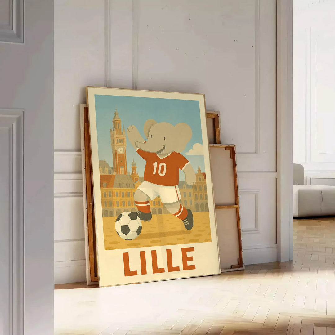 Affiche captivante Kid Elephant nuances gris orange parfaite passionnés football enfants une touche originale décoration espace Achetez belle œuvre disponibles A4 cm A0