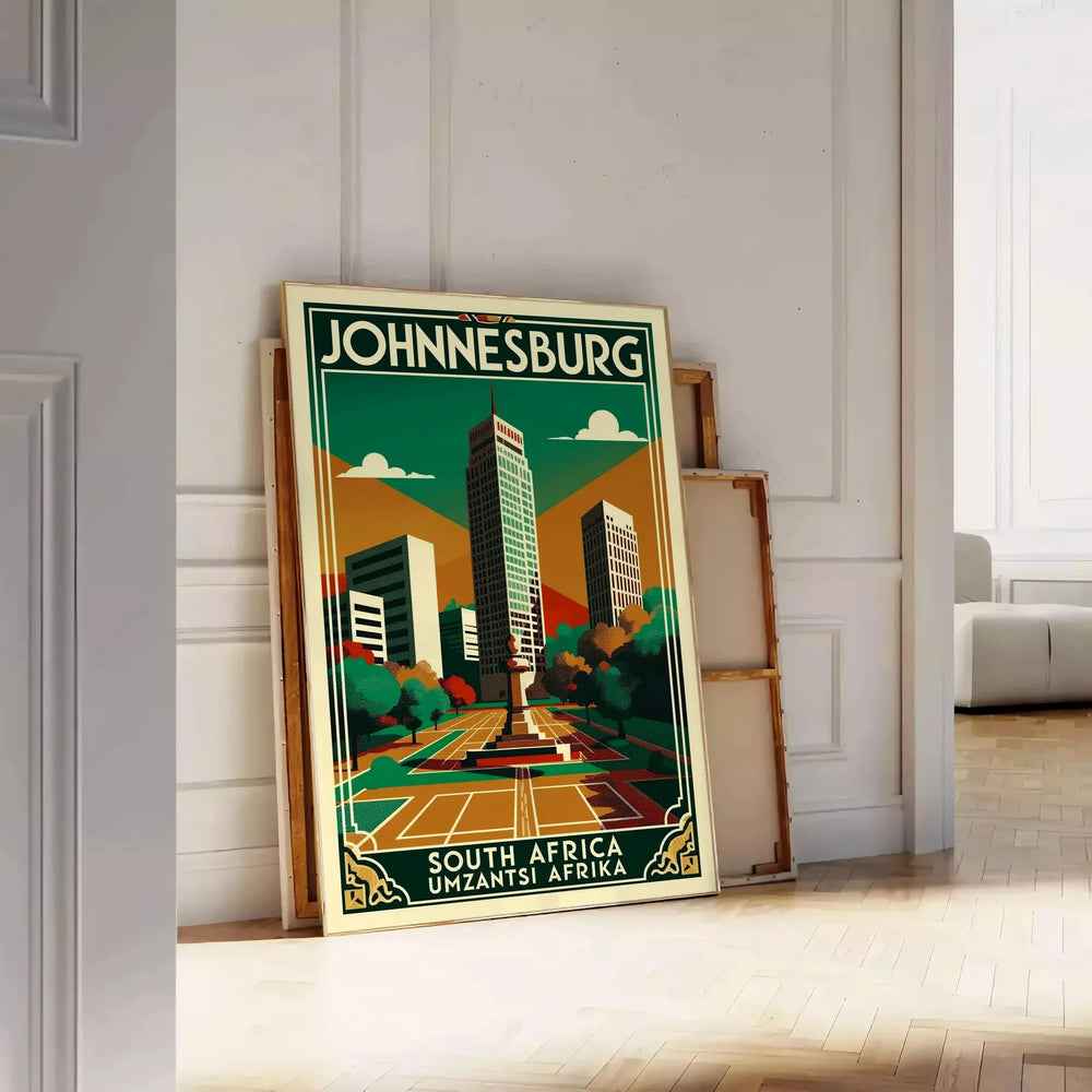 charm Johannesburg vintage travel poster stunning Art Deco designs sophisticated gray brown hues decor essence South Africa vibrant history space unframed options perfect look