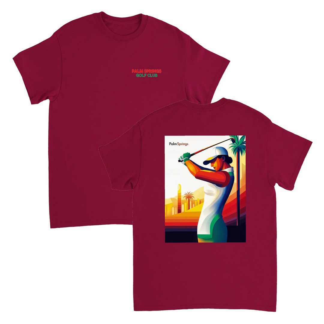 ゴルフパームスプリングスTシャツは、快適さとスタイルを兼ね備えたデザインです。パームスプリングスの陽気な雰囲気を楽しむゴルフ愛好者に最適です。