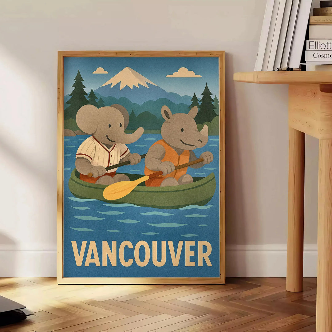 Ζωντανή αφίσα με ελέφαντα και ρινόκερο σε βάρκα, ιδανική για παιδικό δωμάτιο, διαθέσιμη σε διαστάσεις 50x70 ή 30x40