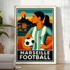 Vibrant Marseille fotbollsposter med en slående grön och röd design, perfekt för fotbollsälskare. Finns i olika storlekar