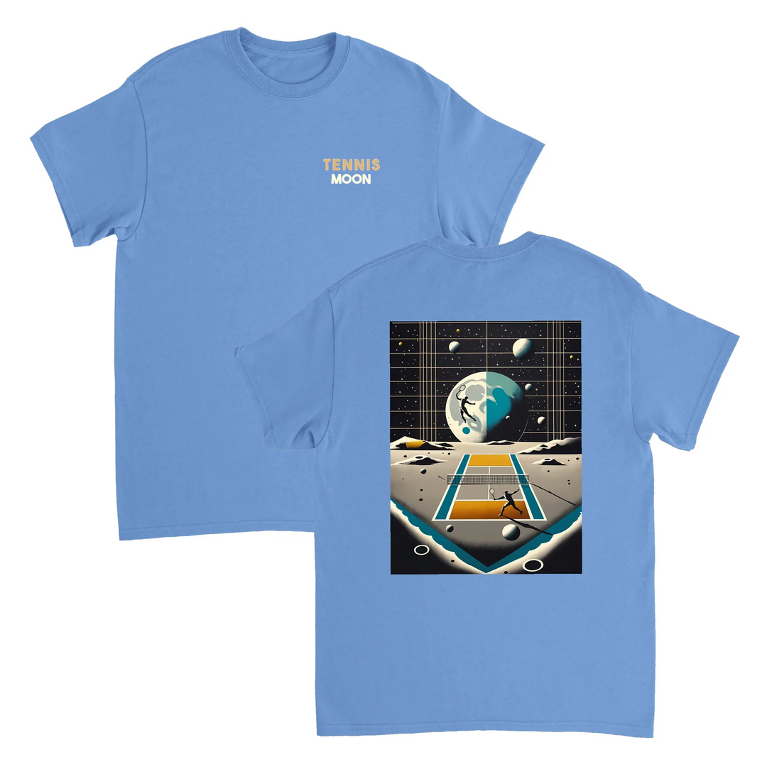 T-shirt Tennis Moon, design unico per appassionati di tennis e amanti delle stelle, realizzato in 100% cotone per il massimo