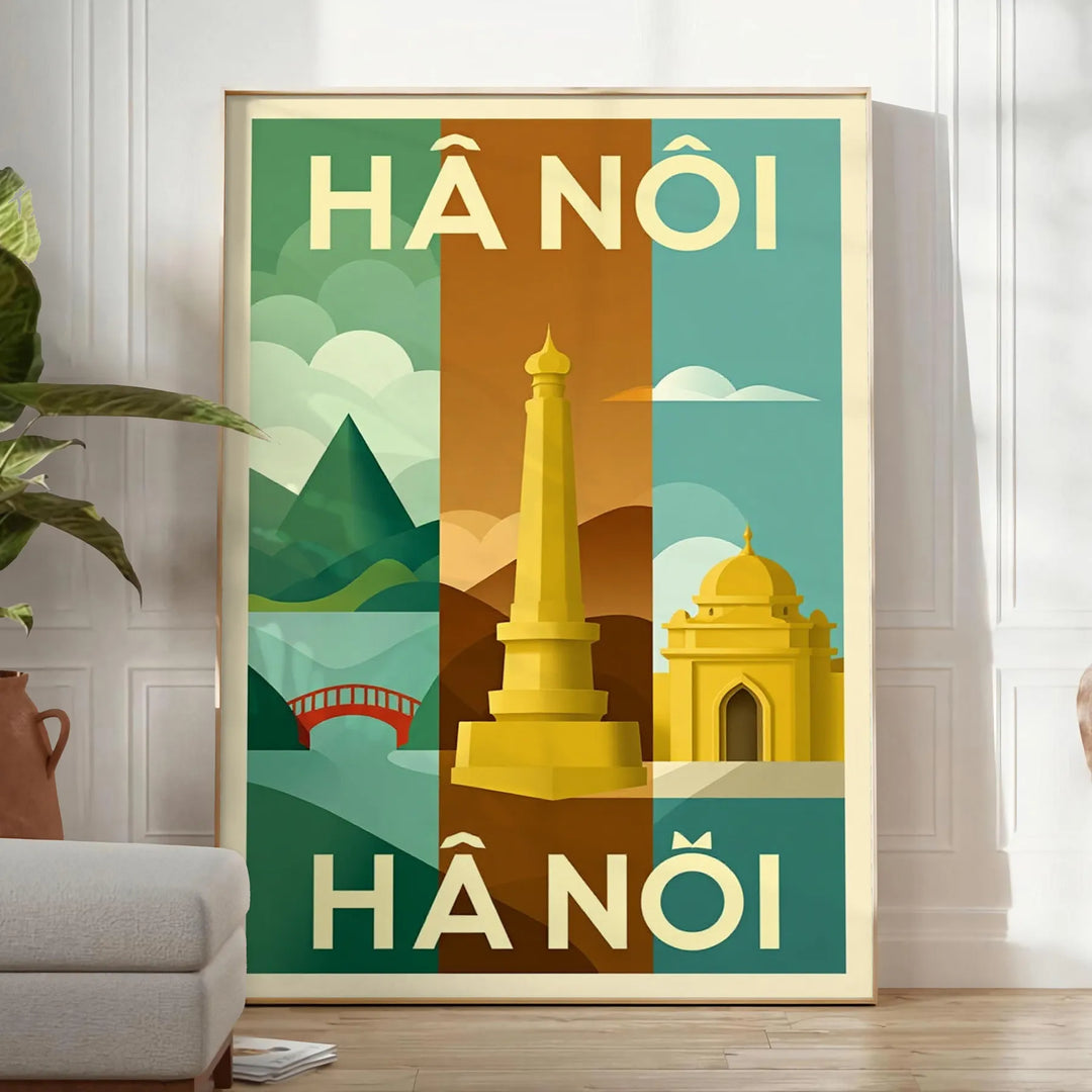 Vintage reseplakat från Hanoi, Vietnam med Art Deco-element i livfulla blå och gröna nyanser. Perfekt för inredning och nosta