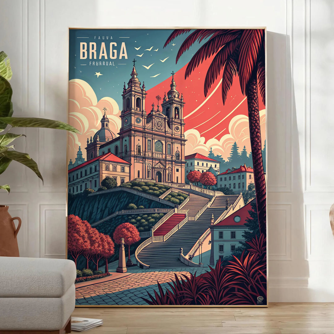 Poster vintage Art Déco di Braga, Portogallo in toni grigio e marrone