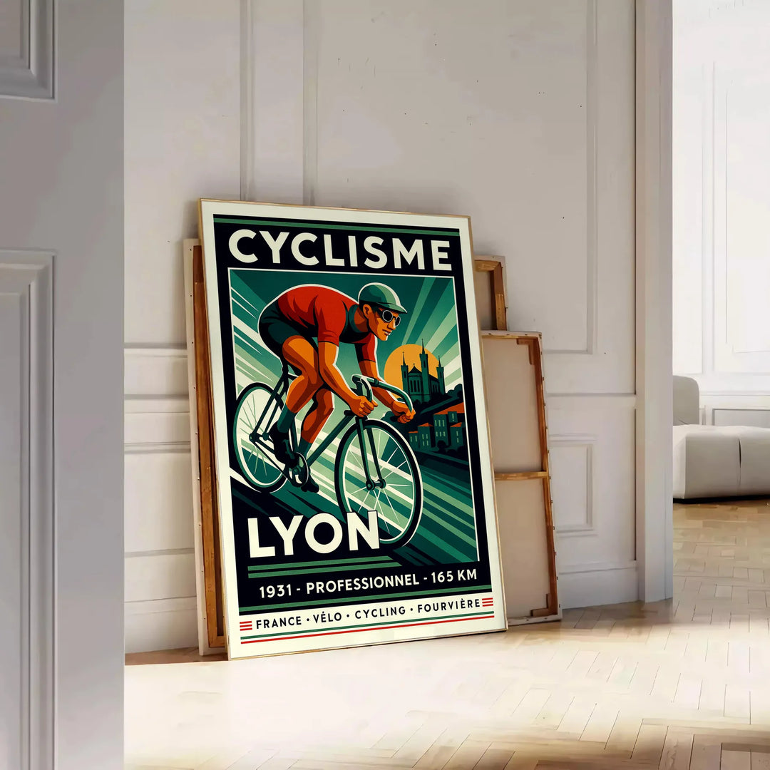 Affiche captivante cyclisme Lyon couleurs gris orange dynamique tous passionnés sport décoration vôtre dimensions cm 50x70 disponibles A4 A0