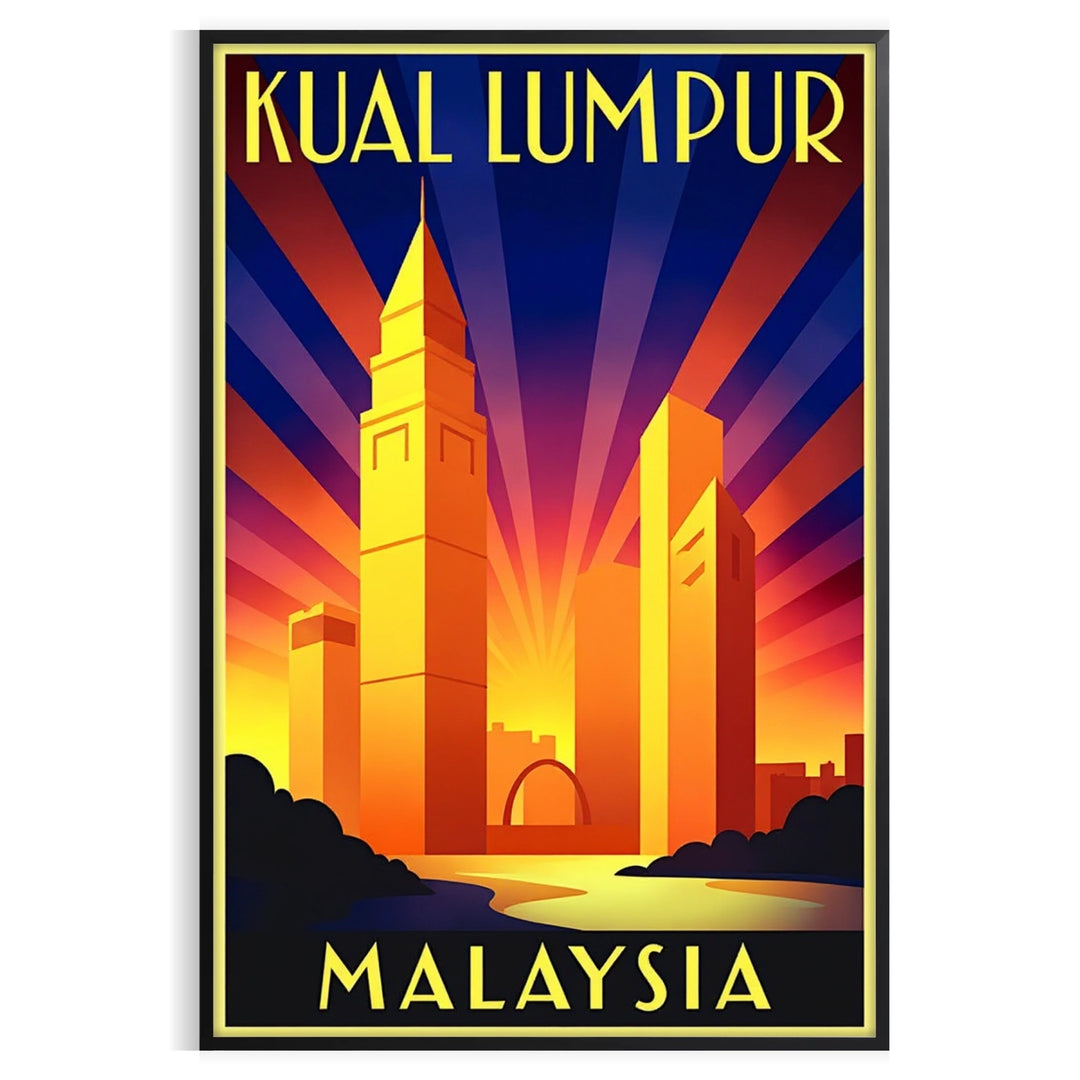 Póster vintage de Kuala Lumpur, con diseño Art Deco en naranja y negro, ideal para decorar tu espacio. Disponible en tamaños