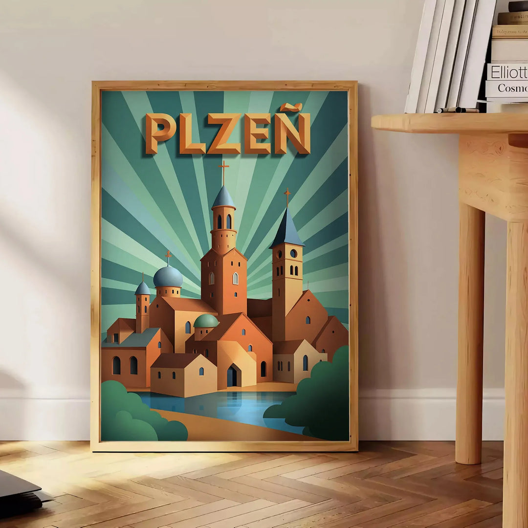 Plakat Art Déco przedstawiający urok Plzeň w Czechach, z żywymi żółtymi i zielonymi odcieniami, idealny do dekoracji wnętrz