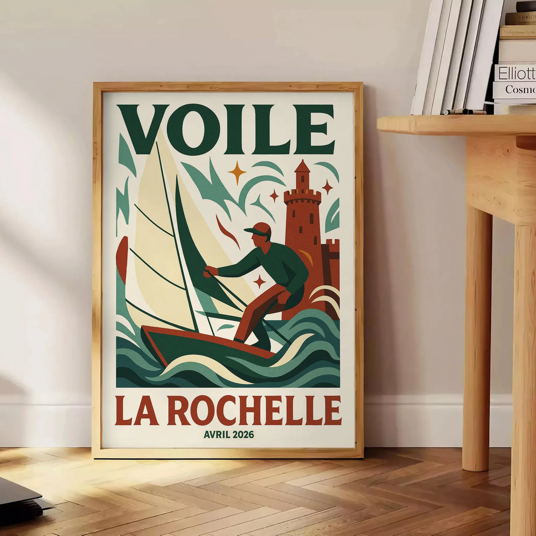 Ανακαλύψτε τη ζωντάνια της ναυσιπλοΐας στη Λα Ροσέλ με αυτό το εντυπωσιακό αφίσα σε κόκκινο και λευκό χρώμα. Ιδανικό για λάτρ