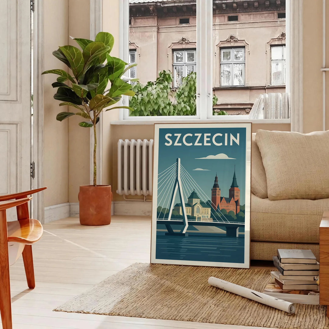 Poster of Szczecin city skyline artwork in orange and green tones